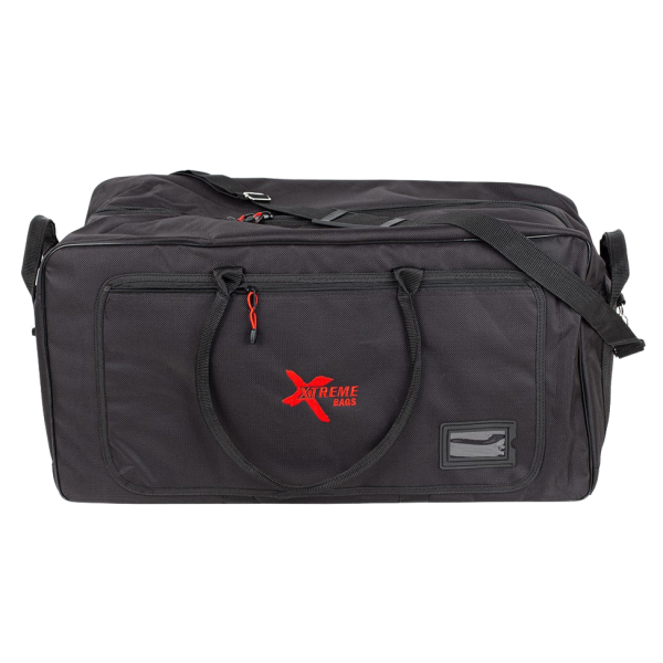 A rectangular black duffle bag featuring a red Xtreme Bags logo, zippered side pocket, carrying handles, shoulder strap, and a clear name tag window.