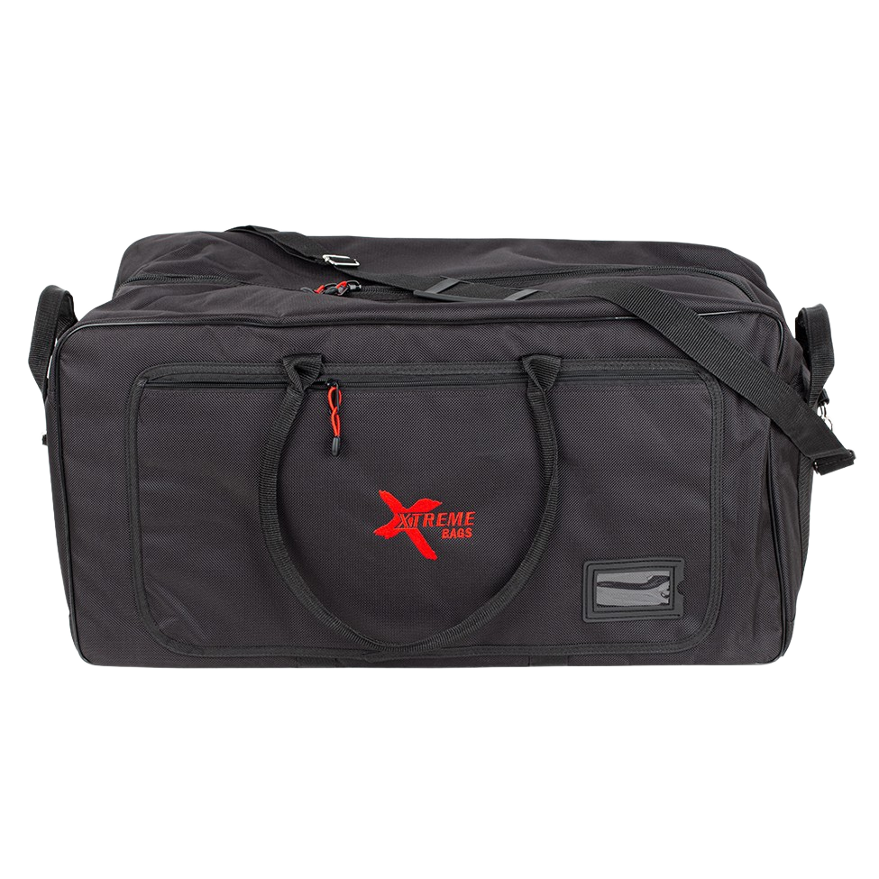 A rectangular black duffle bag featuring a red Xtreme Bags logo, zippered side pocket, carrying handles, shoulder strap, and a clear name tag window.