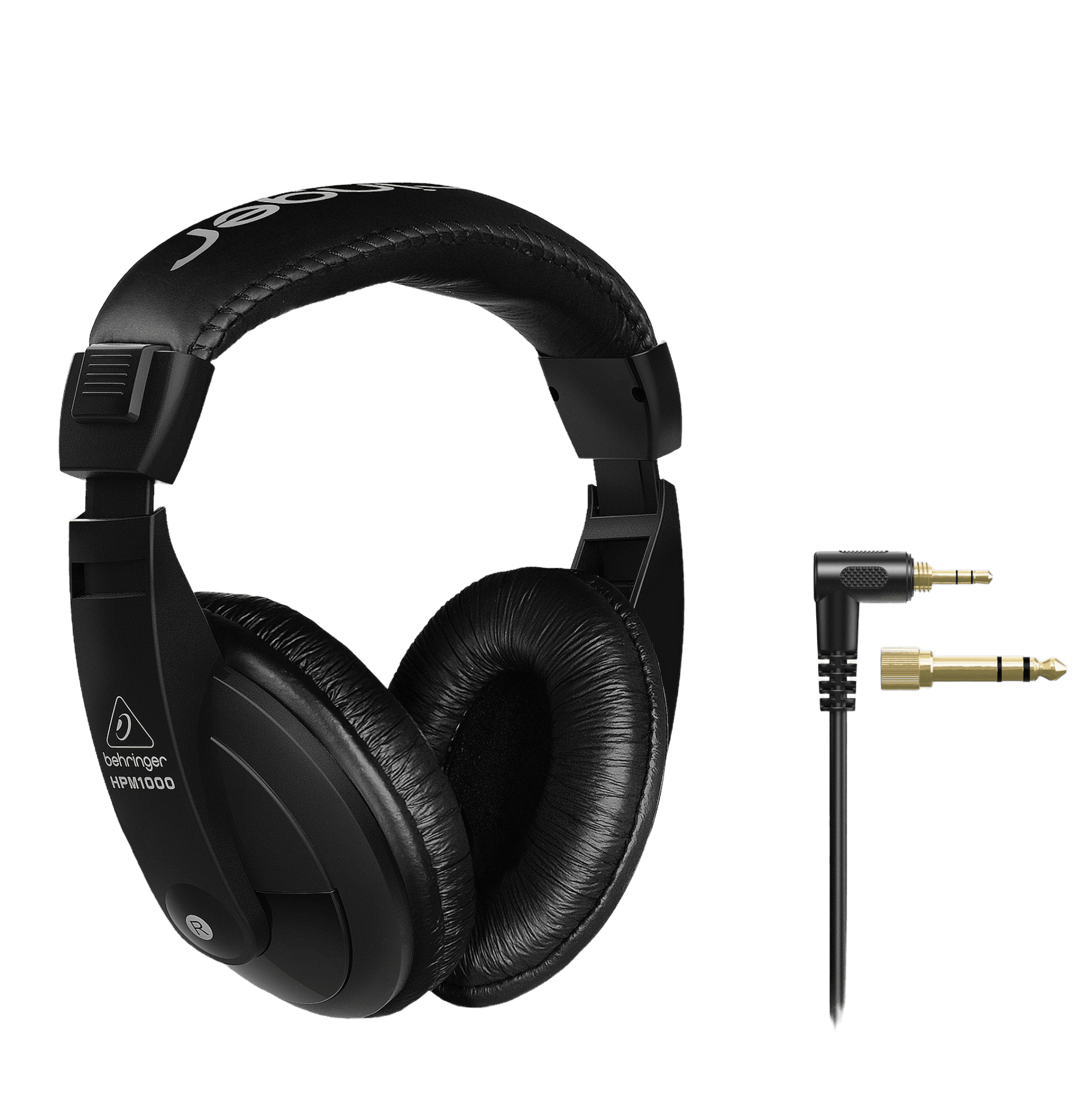 A pair of black Behringer HPM1000-BK over-ear headphones with an attached cable ending in a quarter-inch adapter plug.