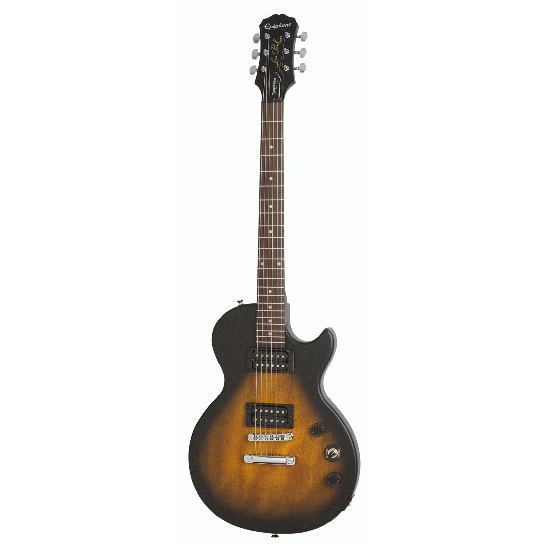A full-length, straight-on view of an Epiphone Les Paul Special E1 Electric Guitar featuring a satin vintage sunburst finish, dual open-coil humbuckers, and a black headstock against a white background.