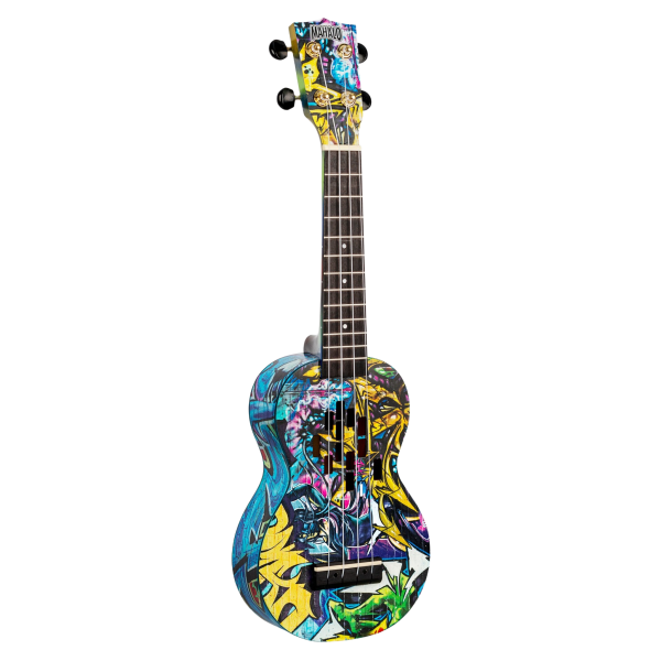 Soprano ukulele featuring a vibrant graffiti-style graphic print across the body and headstock.