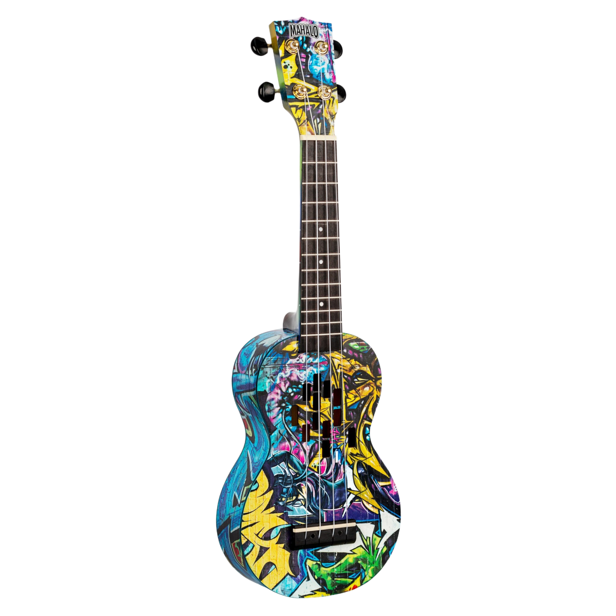 Soprano ukulele featuring a vibrant graffiti-style graphic print across the body and headstock.