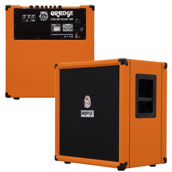 The Orange Crush Bass 100 amplifier with classic styling and recessed side handles, alongside an inset view of the detailed rear control panel.