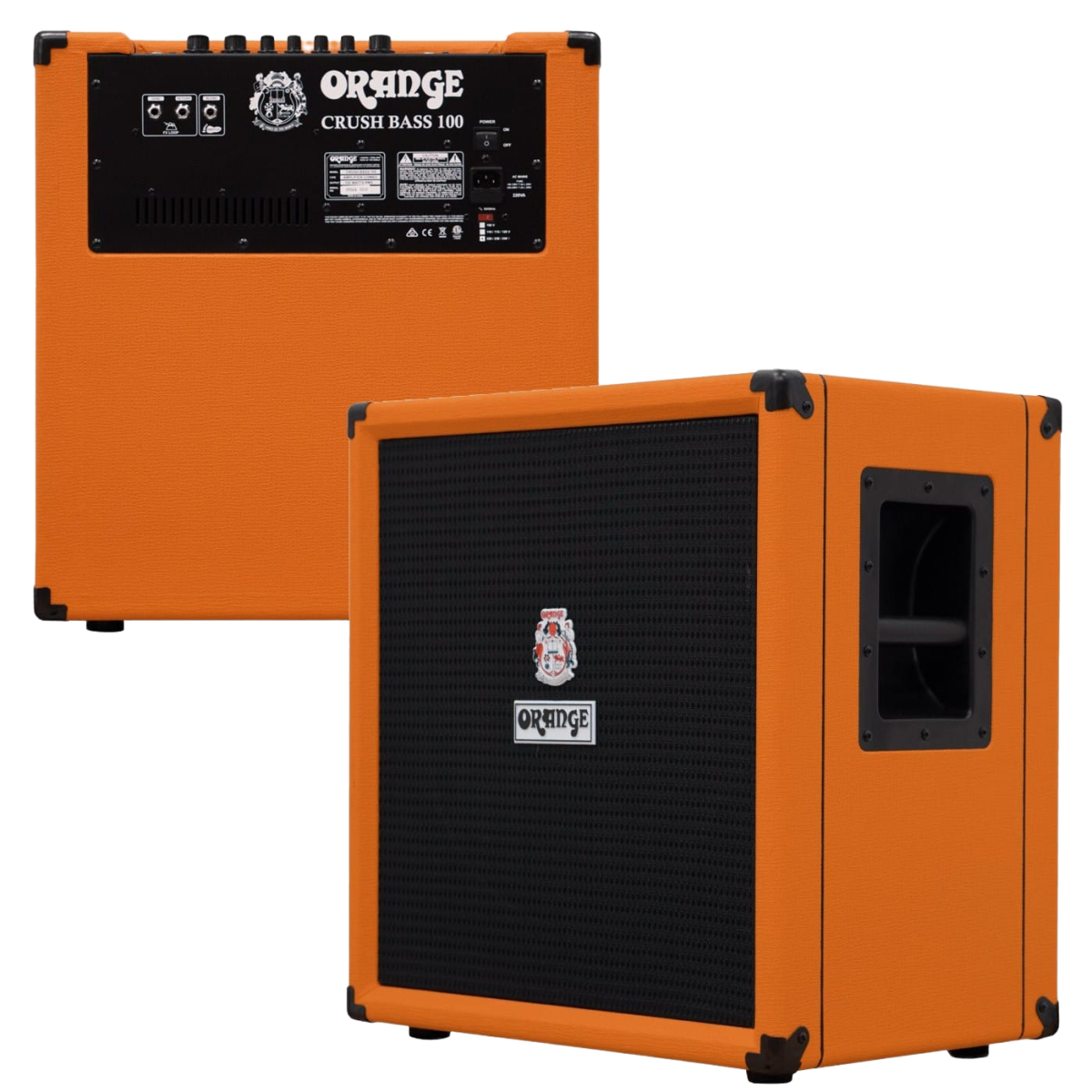 The Orange Crush Bass 100 amplifier with classic styling and recessed side handles, alongside an inset view of the detailed rear control panel.