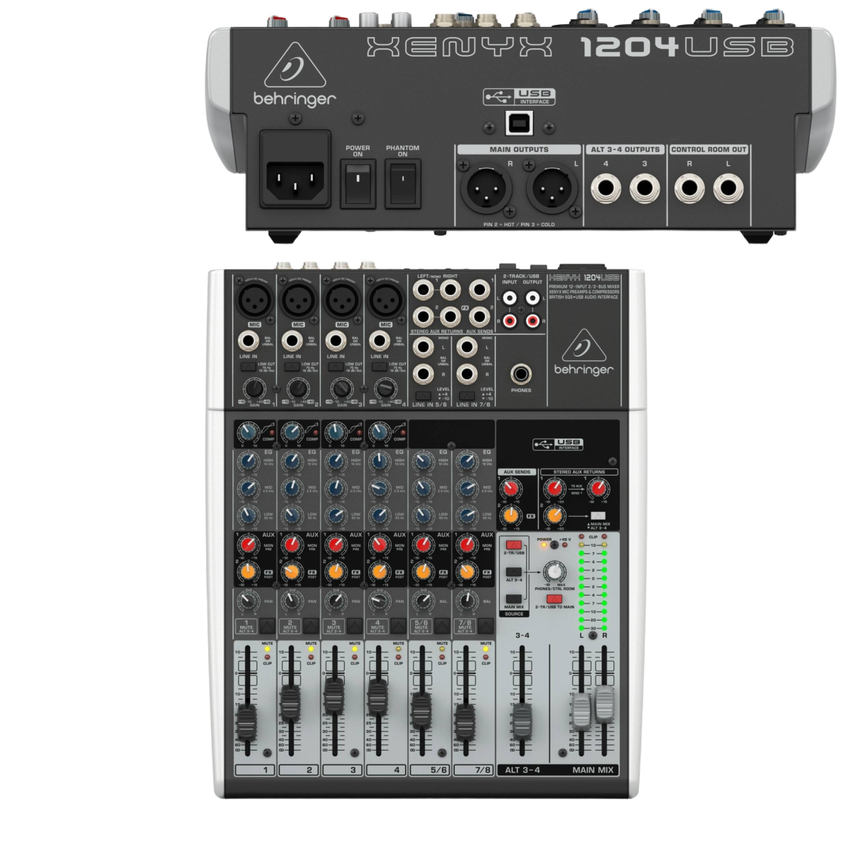The Behringer Xenyx 1204USB analog mixing console displaying its top front panel and rear connections.