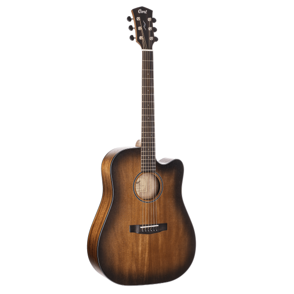 front view of a Cort Core-DC AMH OPBB acoustic-electric guitar featuring an open-pore dark burst finish, black tuning machines, and a cutaway body shape against a white background.