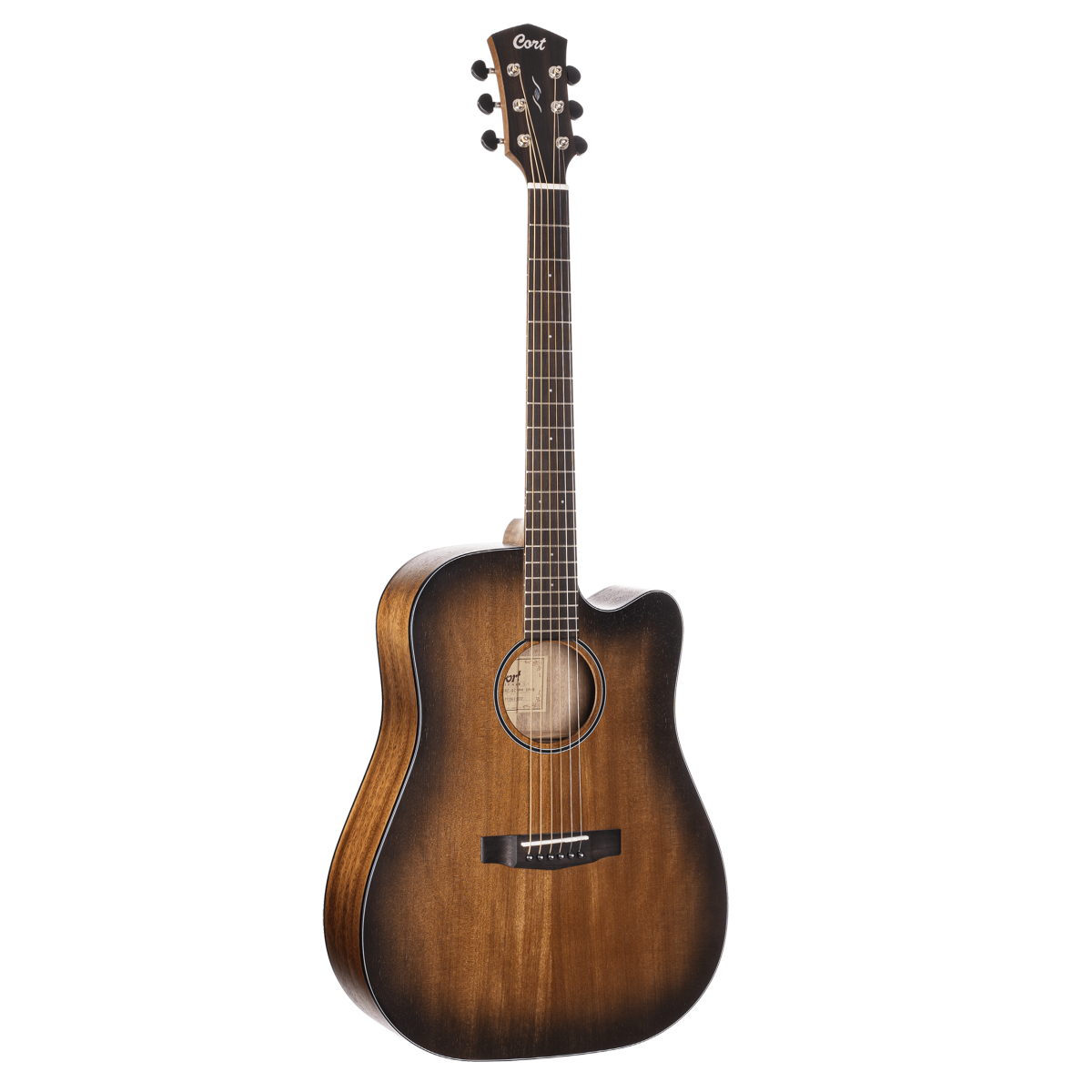 front view of a Cort Core-DC AMH OPBB acoustic-electric guitar featuring an open-pore dark burst finish, black tuning machines, and a cutaway body shape against a white background.