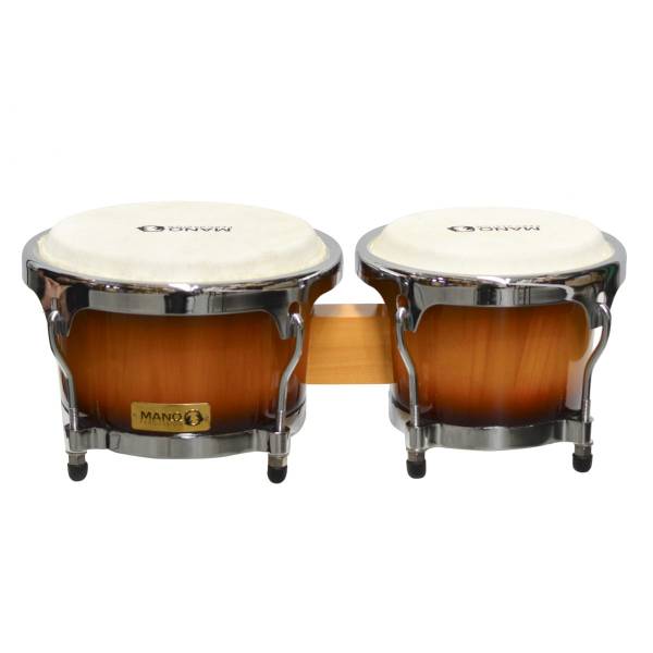 Mano Percussion MP1769SB Professional 7 and 8.5 inch Cuban Style Bongos featuring a sunburst hardwood shell, chrome hardware, and natural rawhide heads on a white background.