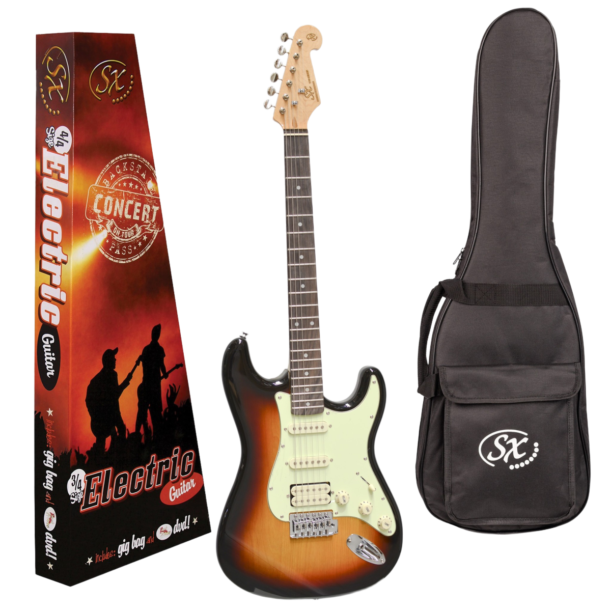 Sunburst SX VES62HTS electric guitar with a mint green scratch plate, one humbucker, and two single-coil pickups, displayed alongside its included gig bag and display box