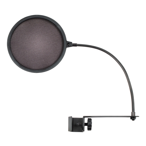 Round black mesh pop filter connected to a twelve-inch flexible gooseneck terminating in a black screw-on C-clamp.