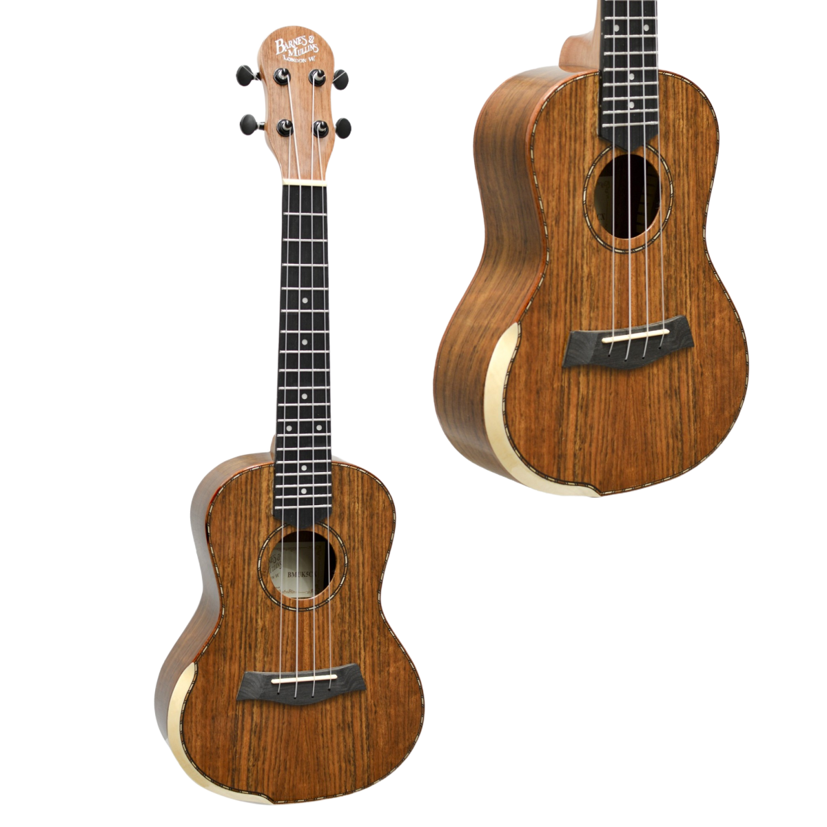High gloss walnut ukulele shown from a direct front view, with a secondary inset showcasing an angled perspective of the body and lower neck.