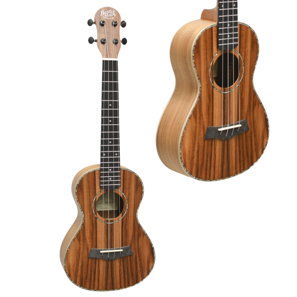 Koa tenor ukulele shown from a direct front view, featuring an additional secondary inset that displays an angled perspective of the body and fretboard.