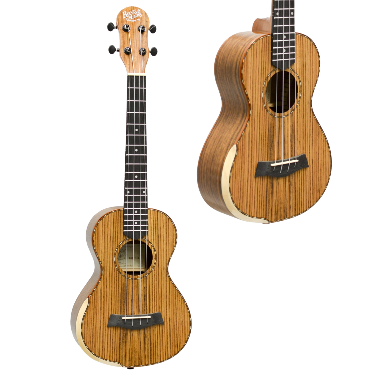 High gloss walnut tenor ukulele shown from a direct front view, accompanied by a secondary inset highlighting an angled view of the instrument's body and bridge.