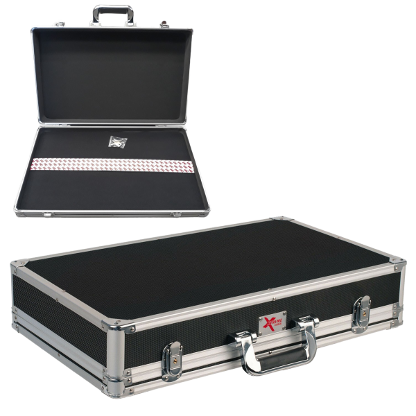 Black rectangular road case with aluminum edging and silver latches, paired with an inset view of the open case revealing a velcro strip and a small accessory bag inside.