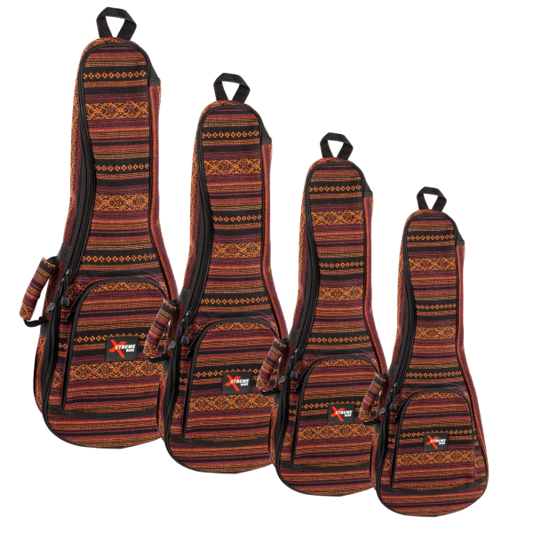 Four soft instrument gig bags standing upright in varying sizes, featuring a woven bohemian-style pattern in shades of red, orange, and black, equipped with handles and front pockets.