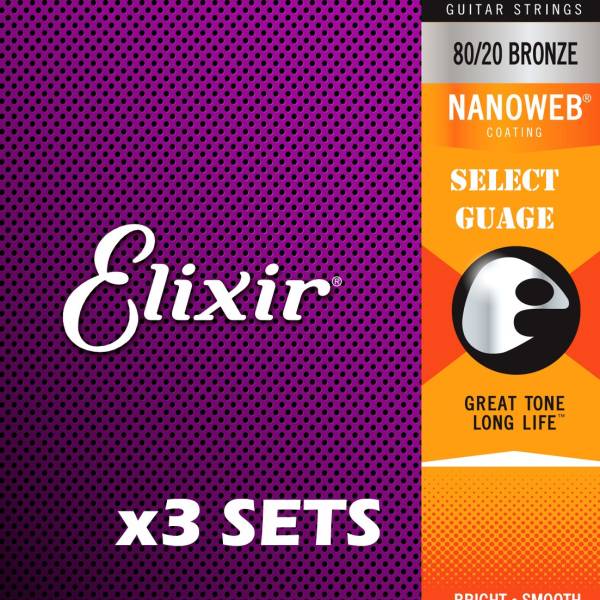 3 SETS OF ELIXIR ACOUSTIC NANOWEB 80/20 GUITAR STRINGS - SELECT GAUGE