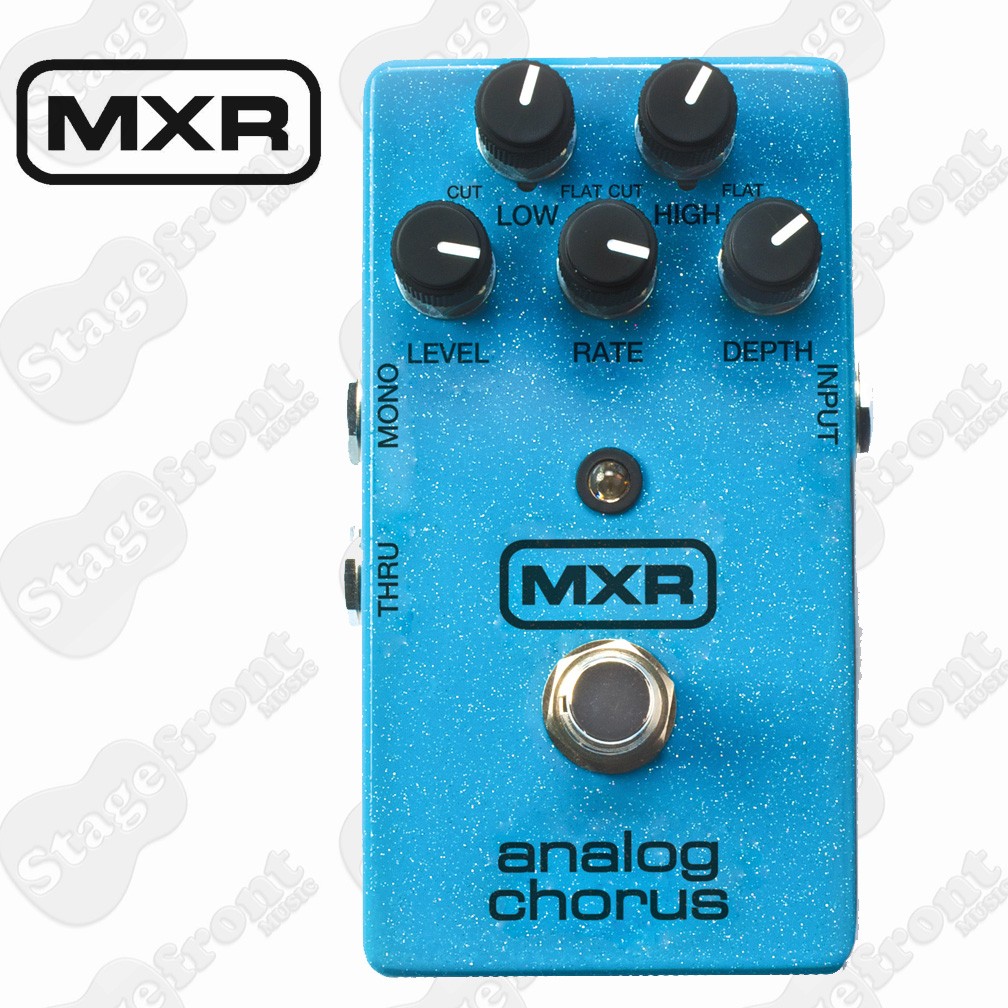 Light blue sparkle MXR Analog Chorus pedal with five black control knobs and a single footswitch.