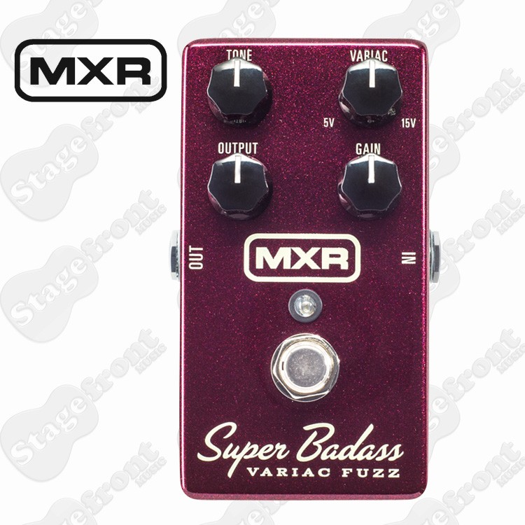 Sparkle dark red MXR Super Badass Variac Fuzz pedal with four control knobs and a footswitch.