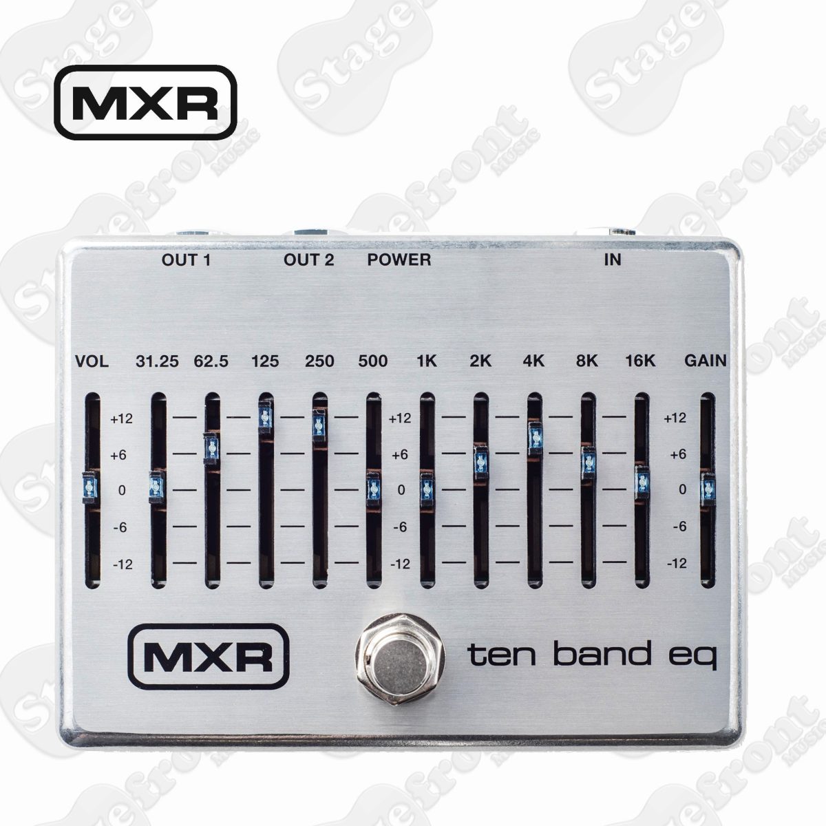 Top-down view of a silver MXR Ten Band EQ pedal featuring ten black vertical sliders with illuminated blue LEDs, volume and gain sliders, and top-mounted jacks.