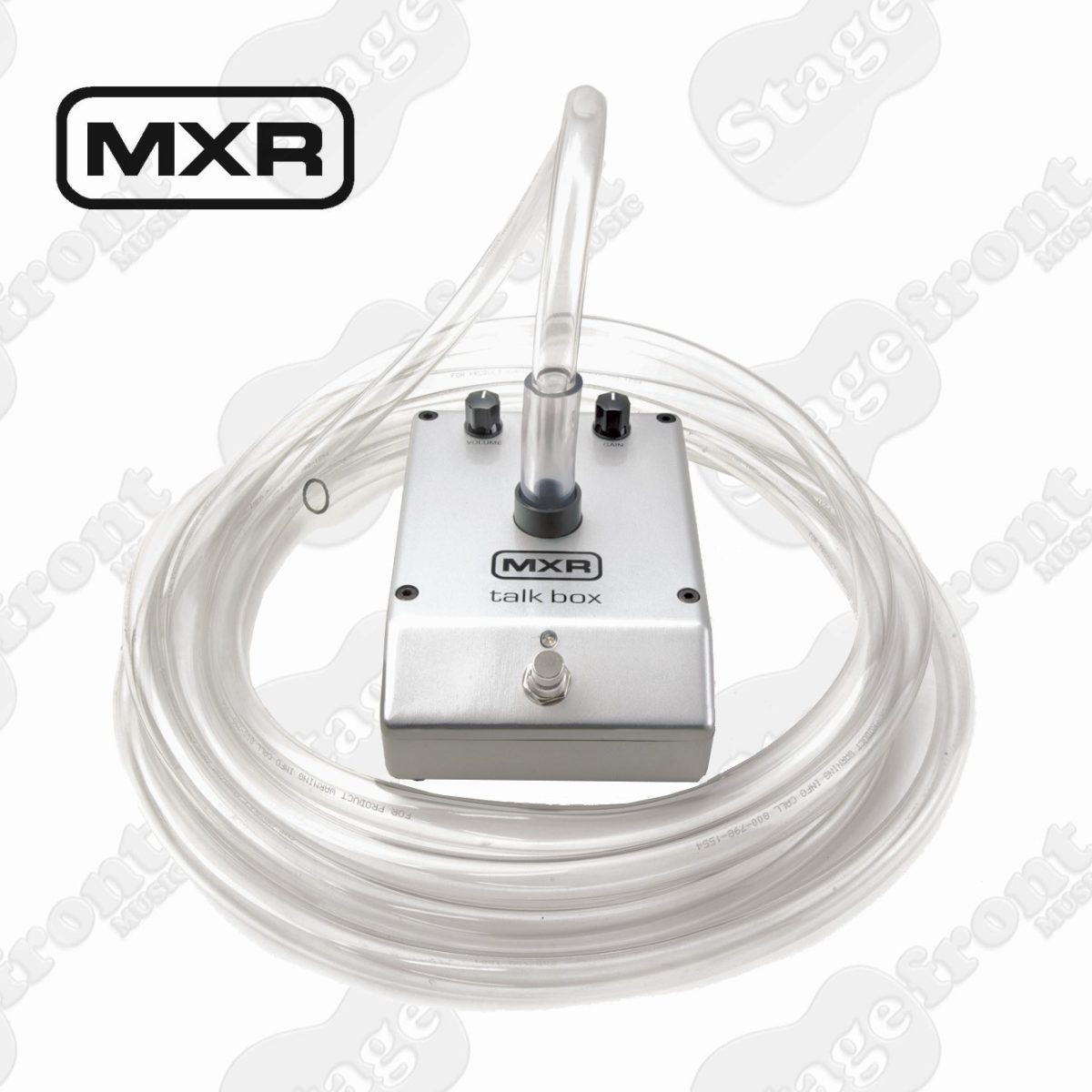 Silver MXR Talk Box pedal featuring a single footswitch, two adjustment knobs, and a clear plastic tube accessory coiled around the unit.