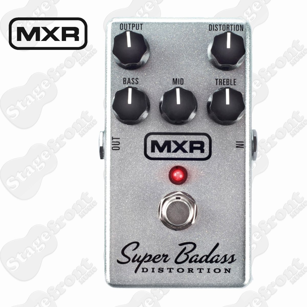 Top-down view of a silver sparkle MXR Super Badass Distortion pedal with five black knobs for Output, Distortion, Bass, Mid, and Treble, plus a silver footswitch.