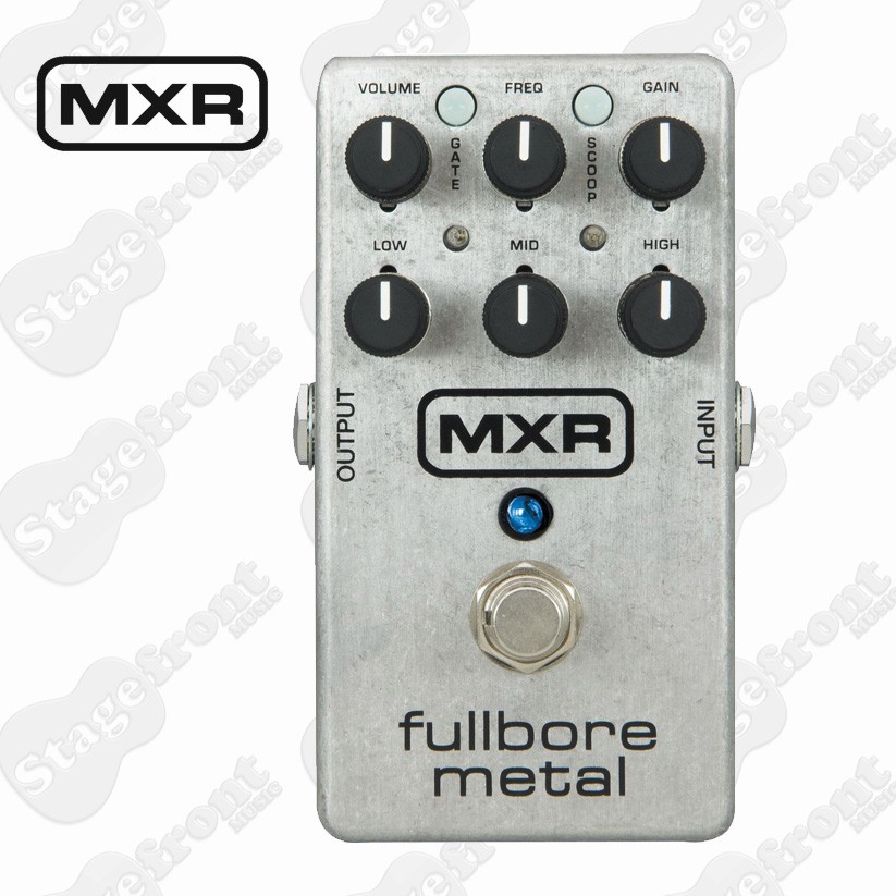Top-down view of a brushed aluminum MXR Fullbore Metal pedal featuring six black knobs for Volume, Freq, Gain, Low, Mid, and High, and small Gate and Scoop push buttons.
