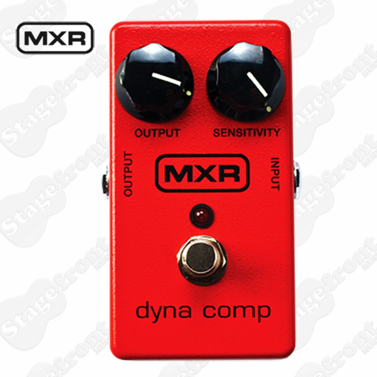 A rectangular red guitar effects pedal featuring two black control knobs labeled output and sensitivity, a red LED light, a silver footswitch, and a black MXR logo.