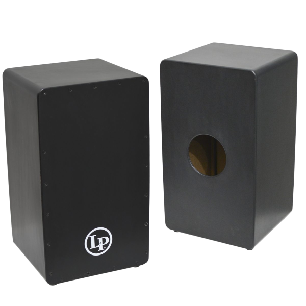 Two black LP Percussion LP1428NY cajons; one facing forward showing the LP logo and one facing backward showing the rear sound port.