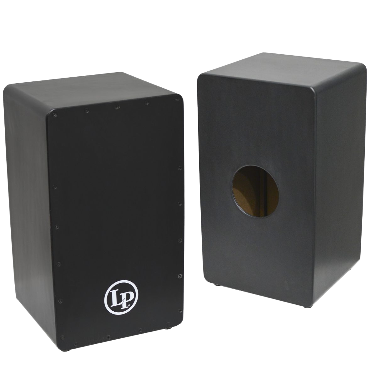 Two black LP Percussion LP1428NY cajons; one facing forward showing the LP logo and one facing backward showing the rear sound port.
