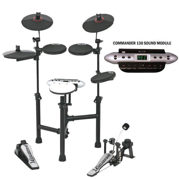 A compact electronic drum kit with black rubber pads, cymbal pads, two floor pedals, and an inset close-up of the silver and black Commander 130 Sound Module interface.