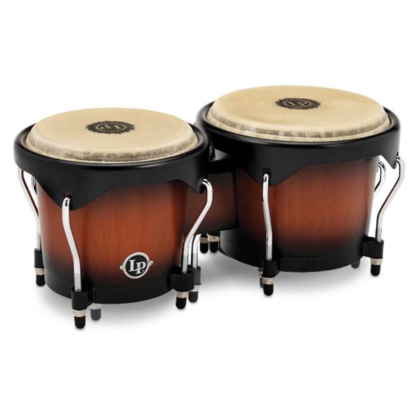LP City Series Wood Bongos model LP601NY-VSB featuring Siam Oak shells in a Vintage Sunburst satin finish, black hardware, and 6-inch and 7-inch natural rawhide heads.