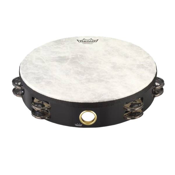 A black tambourine featuring a textured Remo Fiberskyn head, a double row of silver metal jingles, and a brass-rimmed thumb hole.