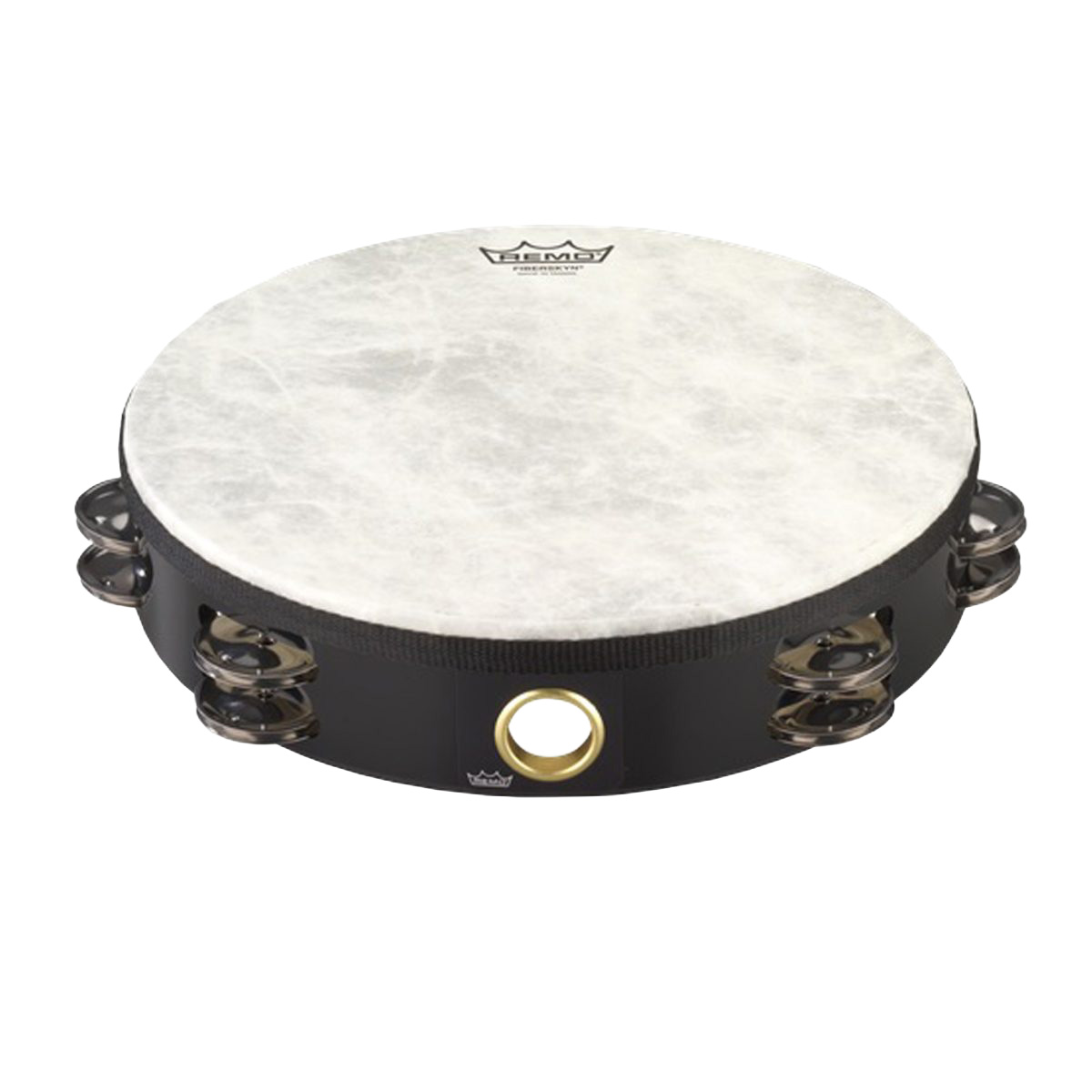 A black tambourine featuring a textured Remo Fiberskyn head, a double row of silver metal jingles, and a brass-rimmed thumb hole.