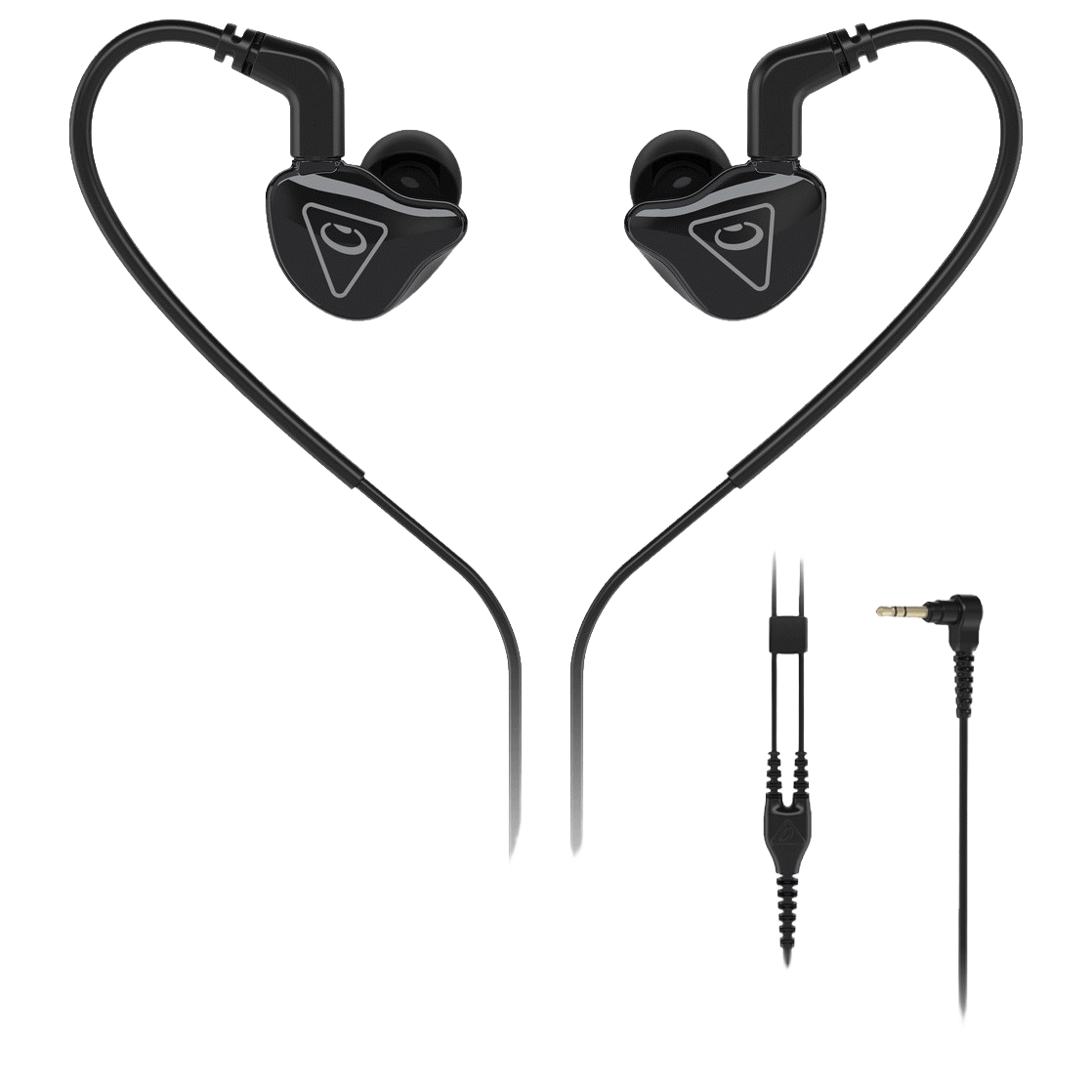 Behringer MO240 dual-driver in-ear monitors displaying the earbuds, attached cable, and a 3.5mm stereo connector.