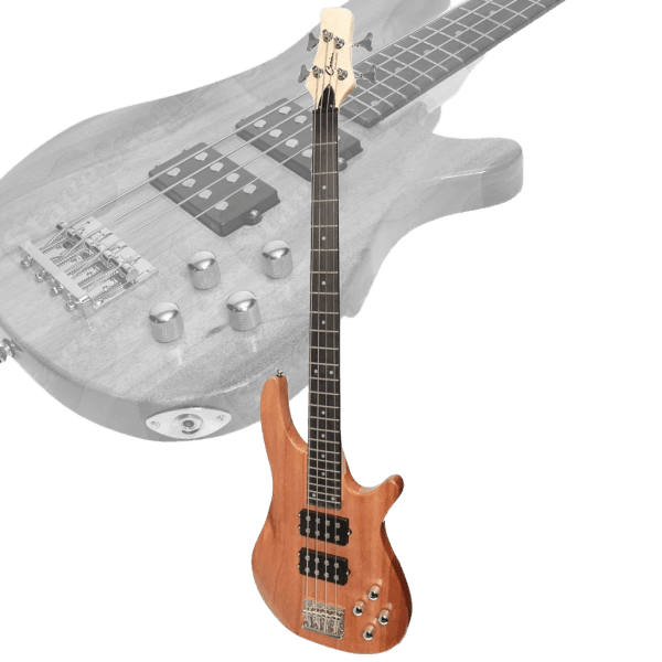 A natural wood Casino CTB-24T-MAH electric bass guitar, featuring a large faded background inset highlighting a detailed close-up of the body, dual humbucking pickups, four chrome control knobs, and the hardtail bridge.
