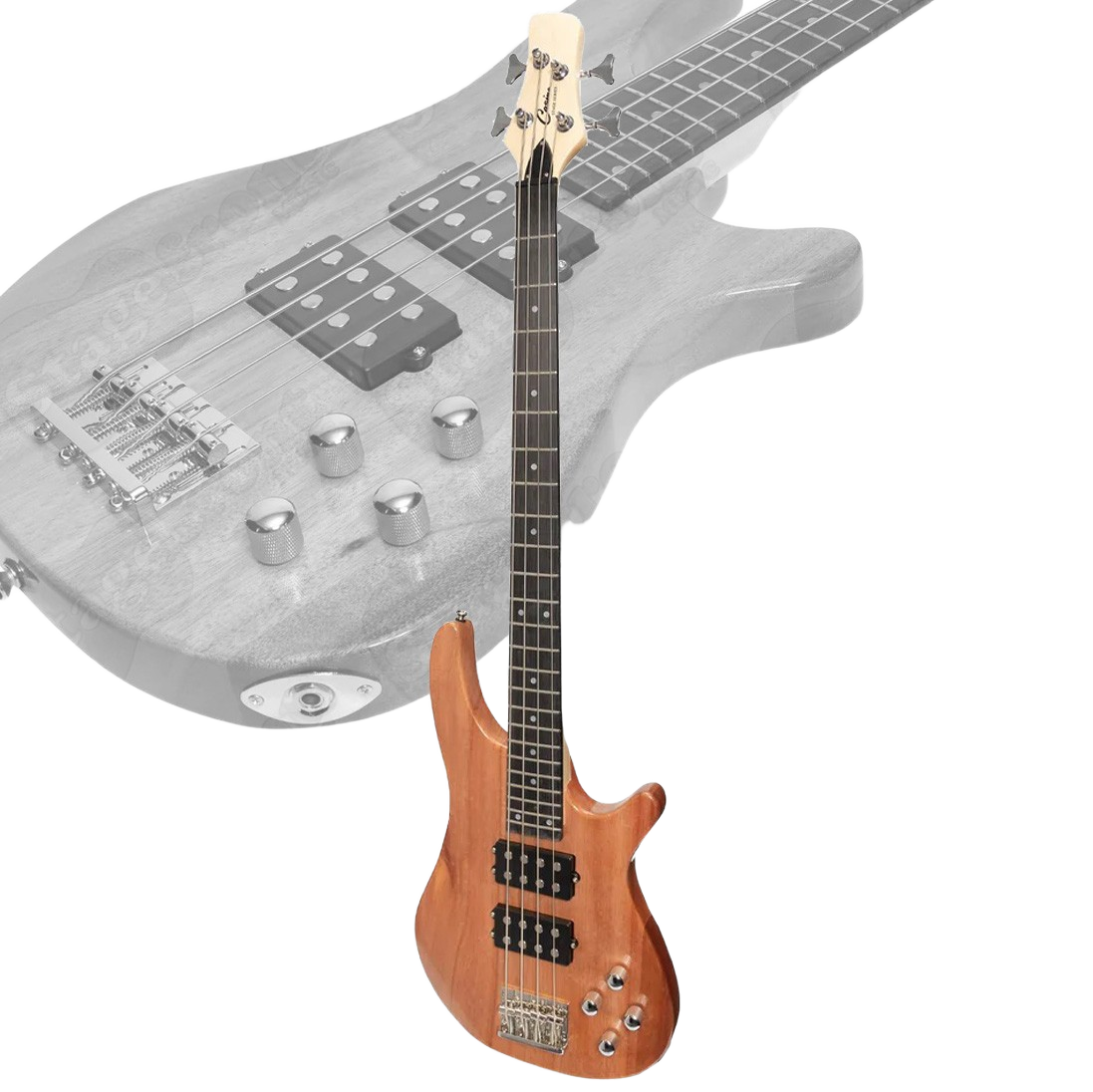 A natural wood Casino CTB-24T-MAH electric bass guitar, featuring a large faded background inset highlighting a detailed close-up of the body, dual humbucking pickups, four chrome control knobs, and the hardtail bridge.