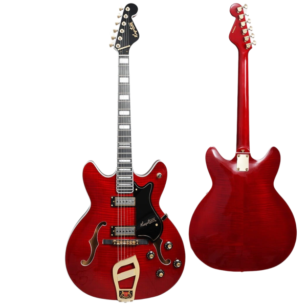 A vibrant red flame maple semi-hollow body electric guitar with two f-holes, dual humbucking pickups, a black pickguard, and an ornate gold trapeze tailpiece. The image includes a secondary inset showing the reverse side of the guitar, highlighting the red finish on the back of the body and neck.