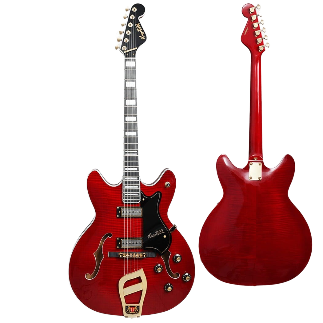 A vibrant red flame maple semi-hollow body electric guitar with two f-holes, dual humbucking pickups, a black pickguard, and an ornate gold trapeze tailpiece. The image includes a secondary inset showing the reverse side of the guitar, highlighting the red finish on the back of the body and neck.