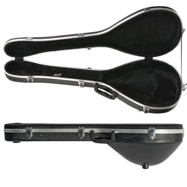 HC394 black ABS teardrop bouzouki hardcase showing a closed exterior view, with an inset of the open case revealing a black plush interior.