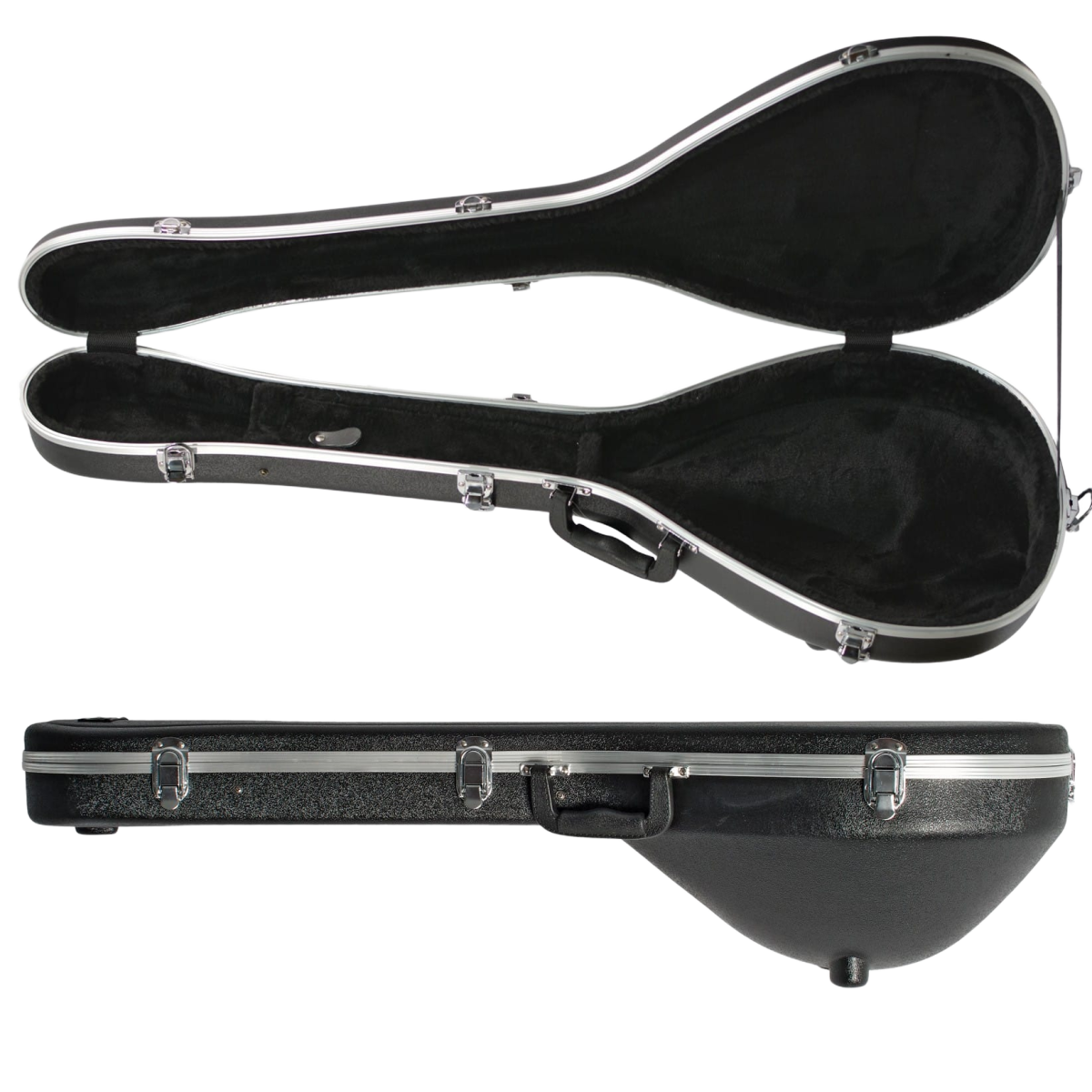 HC394 black ABS teardrop bouzouki hardcase showing a closed exterior view, with an inset of the open case revealing a black plush interior.