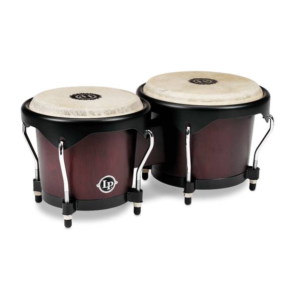 Two attached LP bongo drums with dark wood shells, natural rawhide heads with black center logos, and black hardware including rims, tuning lugs, and rubber feet.