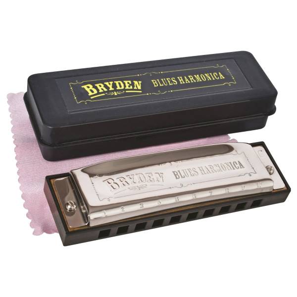 A silver Bryden M45 Blues Harmonica resting on its black plastic hardshell case, accompanied by a small pink microfiber cleaning cloth.