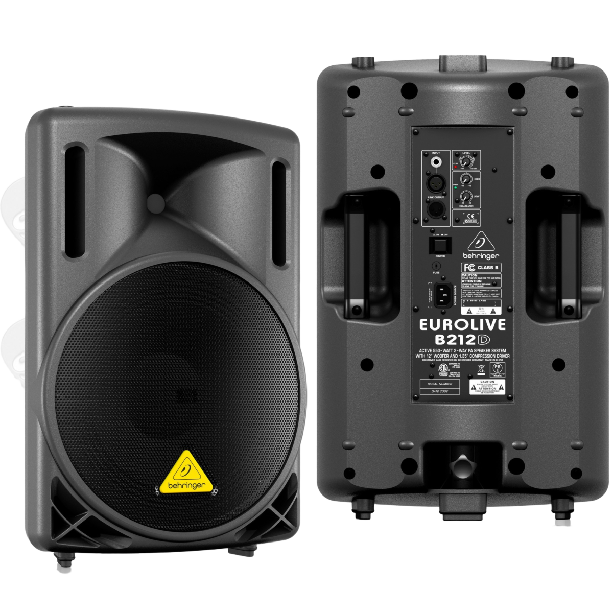 Two views of the Behringer Eurolive B212D active PA speaker, showing the front speaker grille alongside the rear input and control panel.