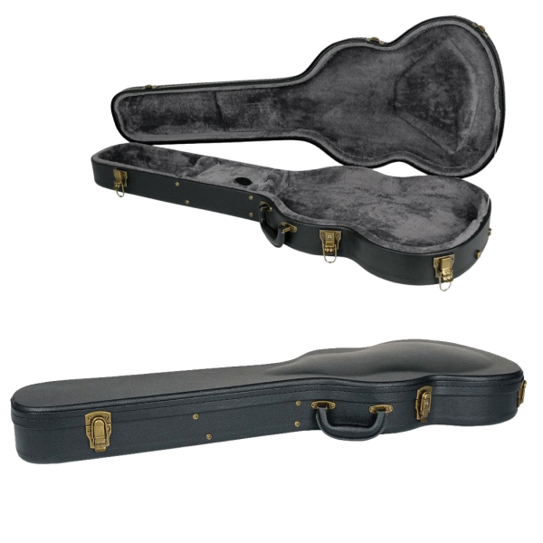 An open black shaped guitar case showing grey plush interior lining above a closed view revealing gold-coloured latches and a carrying handle.