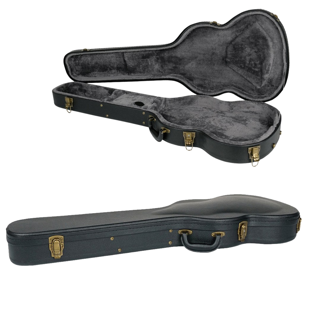 An open black shaped guitar case showing grey plush interior lining above a closed view revealing gold-coloured latches and a carrying handle.