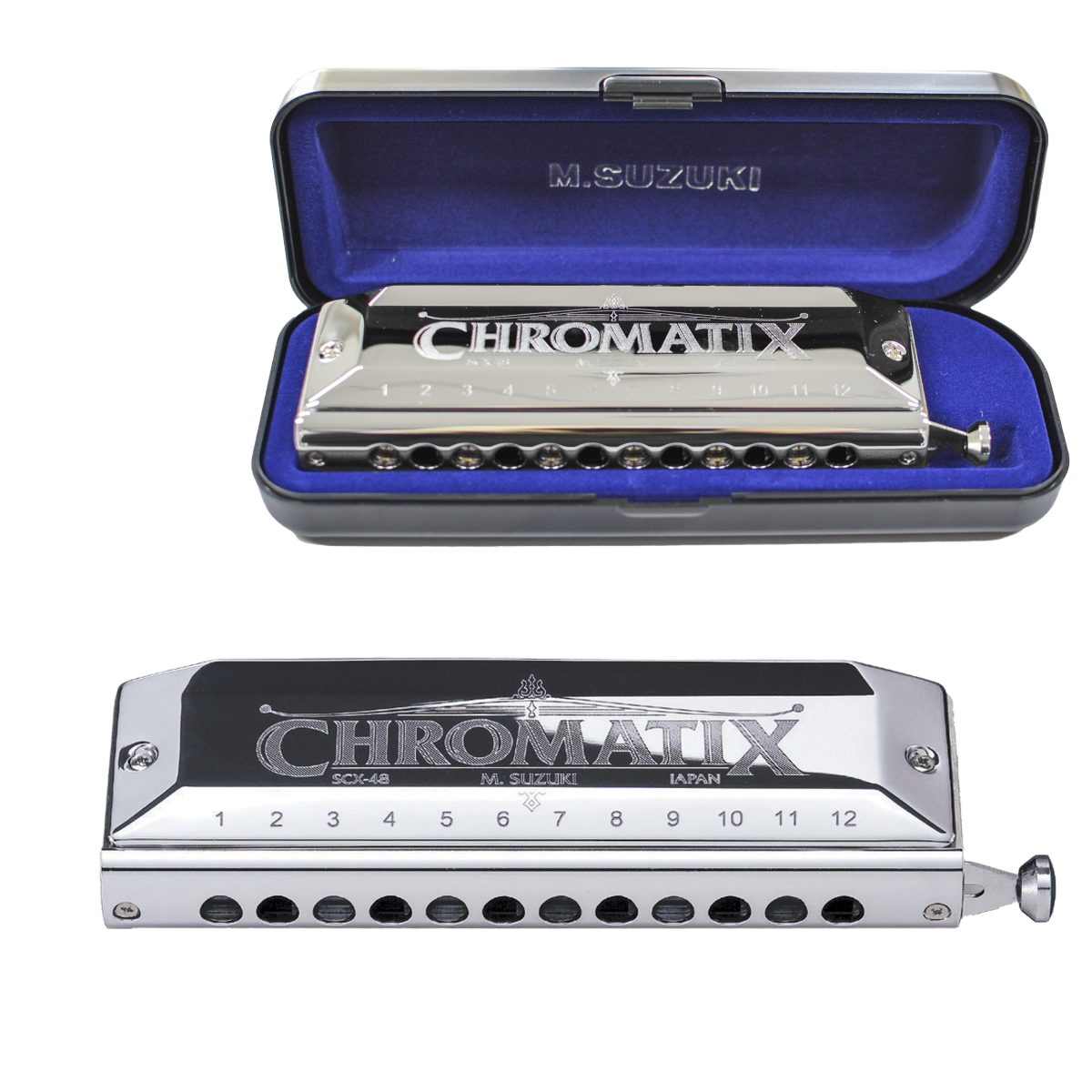 A silver Suzuki Chromatix SCX-48 harmonica displayed next to its open, blue velvet-lined hardshell carrying case.