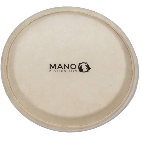 A natural, cream-colored rawhide drumhead stretched over a hoop, featuring a black Mano Percussion logo printed in the center.