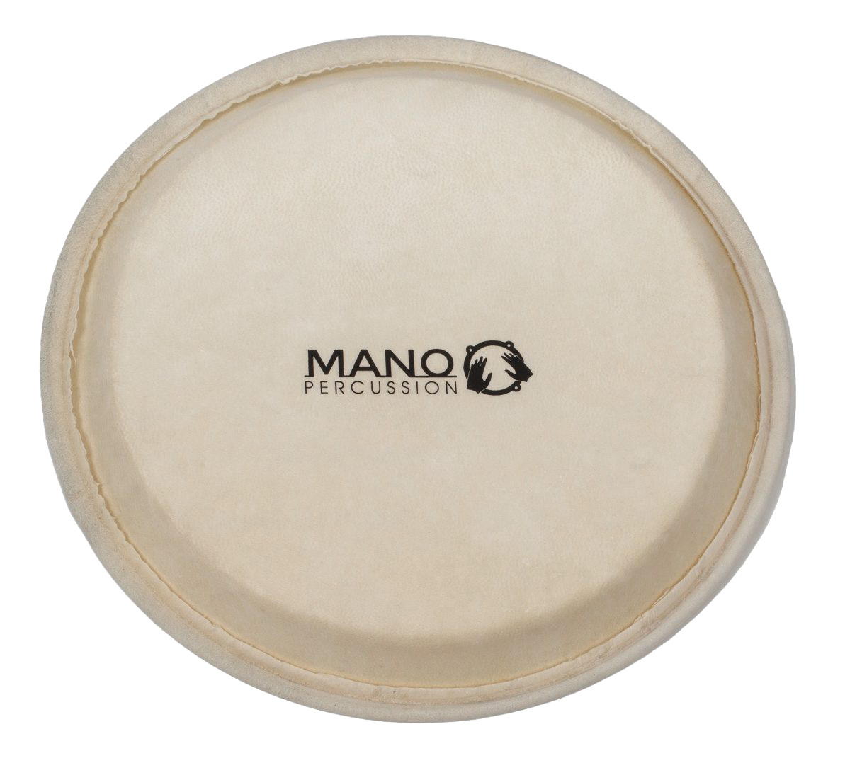 A natural, cream-colored rawhide drumhead stretched over a hoop, featuring a black Mano Percussion logo printed in the center.