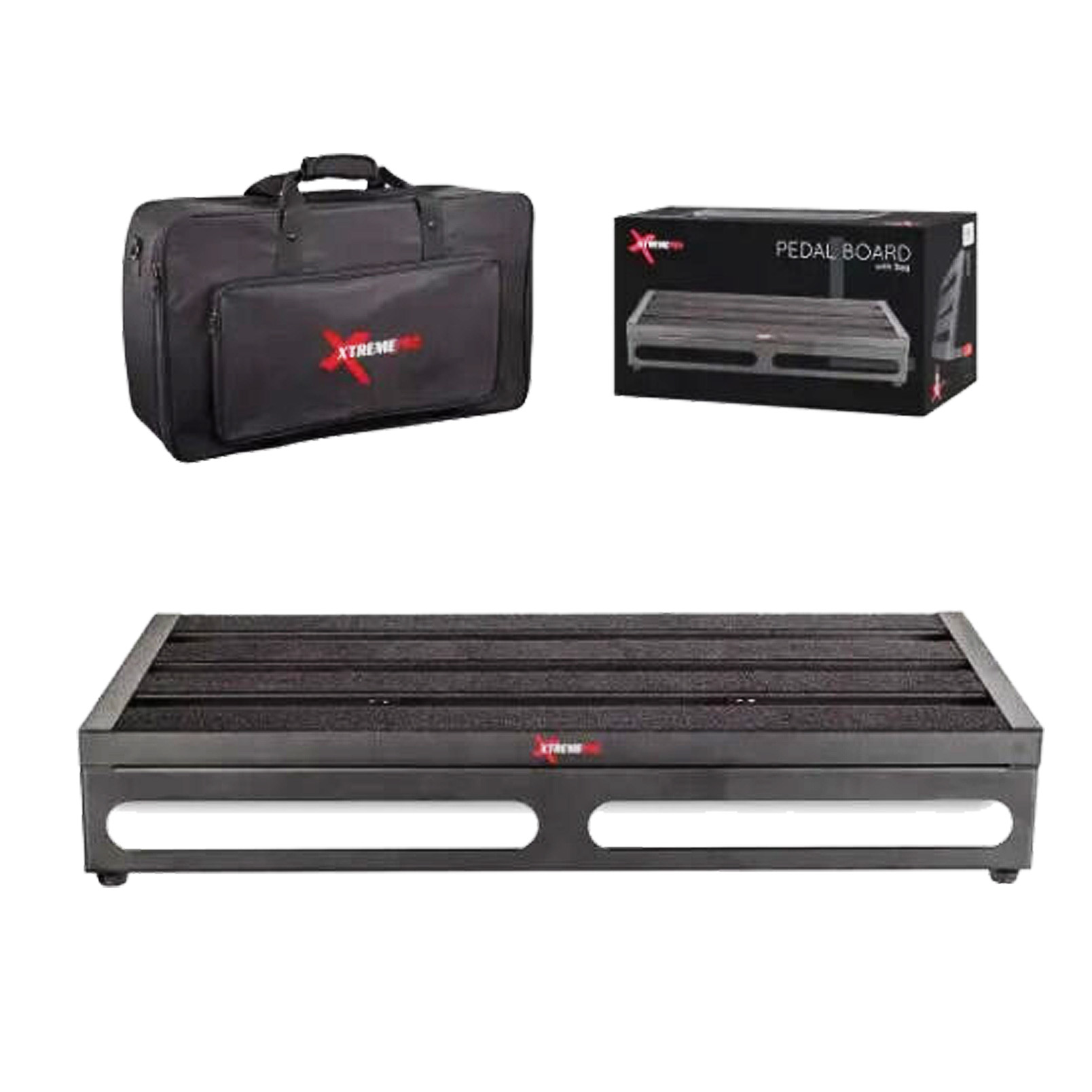 A black slotted metal pedal board shown below a physical black padded carry bag with a zipper pocket and an accompanying black retail display box featuring an illustration of the pedal board.