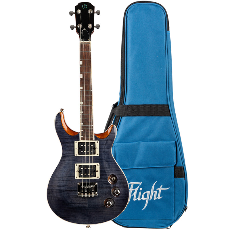 A Flight Vanguard solid body electric ukulele with a transparent black flame maple top and dual humbucker pickups, standing next to a blue padded gig bag with the Flight logo.